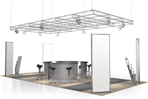 Messestand udstilling 8x4 mtr truss flyves hejs over messe