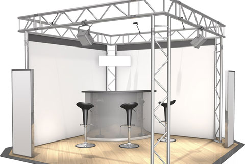 Messestand udstilling 3x3 mtr hjoerne bar messe disk unik