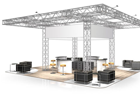 Messestand udstilling 10x10 mtr truss tag stand lamper